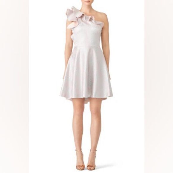 Blush Pink & Silver Metallic One Shoulder Dress w Cascading Ruffle Prom Dress - Picture 13 of 13